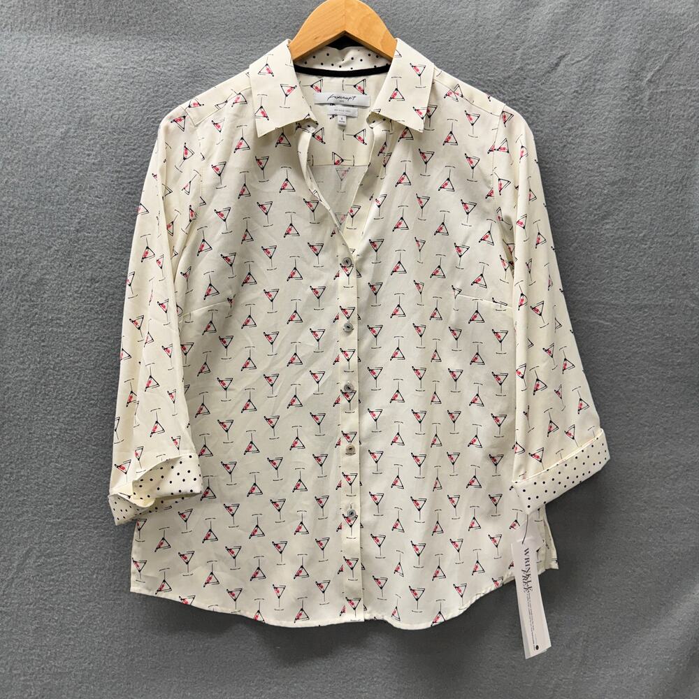 Foxcroft Blouse Womens 8 Cream Mary Martini 3/4 Sleeve Wrinkle Free NEW